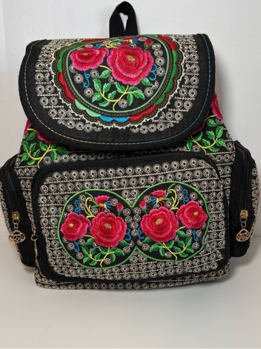 Embroidered Floral Black Backpack - Pink Rose Accent